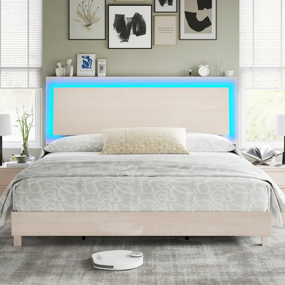 High Gloss White Woodgrain King Bed Frame with Floating Ergonomic Headboard and Smart RGBW LED Lights - WoodArtSupply