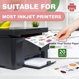 20 PCS Printable Vinyl Sticker Paper for Inkjet Printer & Laser Printer,Standard Letter Size 8.5"x11",Waterproof Sticker Paper Dries Quickly Vivid Colors,Matte White RowinsyDD