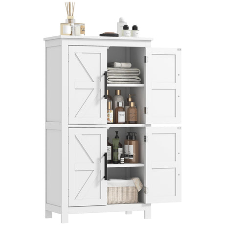 HOMCOM Farmhouse Bathroom Storage Cabinet with 4 Barn Doors, Bathroom Floor Cabinet with 2 Adjustable Shelf, Freestanding Storage Cupboard, White HOMCOM