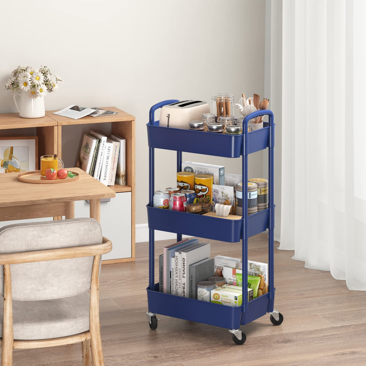 Sywhitta 3-Tier Plastic Rolling Utility Cart with Handle, Multi-Functional Storage Trolley for Office, Living Room, Kitchen, Movable Storage Organizer with Wheels, Blue Sywhitta