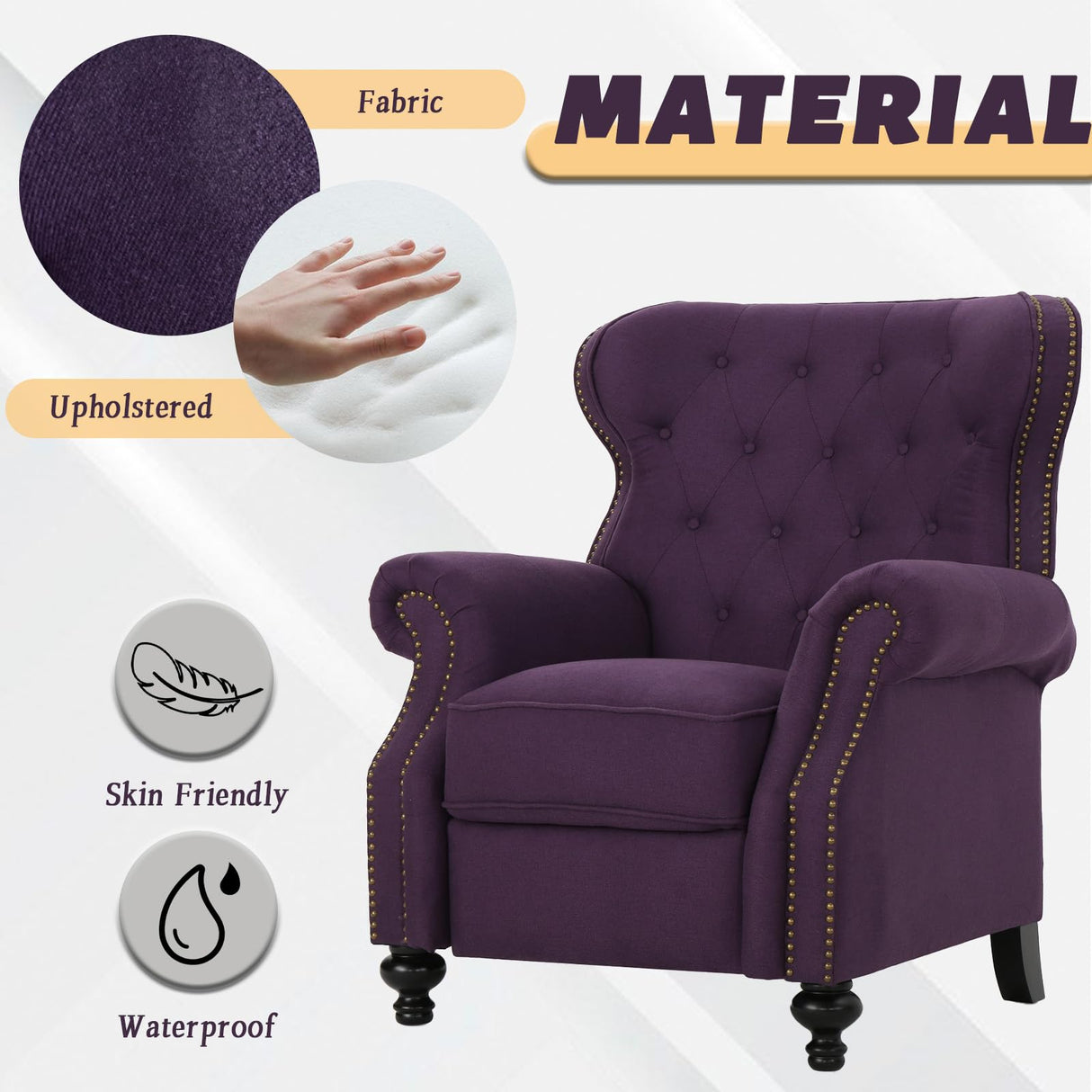 Push Back Recliner Chair, Mid Century Wingback Recliner, Accent Chair with Rivet Decoration, Fabric Push Back Single Sofa for Living Room Adjustable Backrest (Plum) Xinmviec