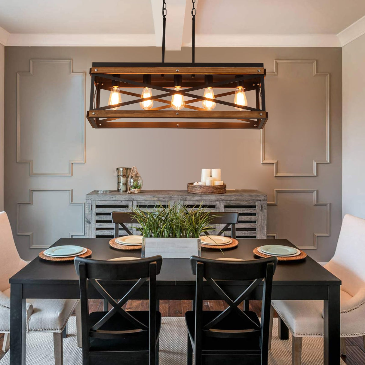 Rustic Farmhouse Wood Kitchen Island Lighting, 5 Lights Rectangular Pendant Light Fixture, Adjustable Chain Oak Wood and Metal Linear Chandelier for Dining Room Kitchen Island Farmhouse, Black RKUCSR