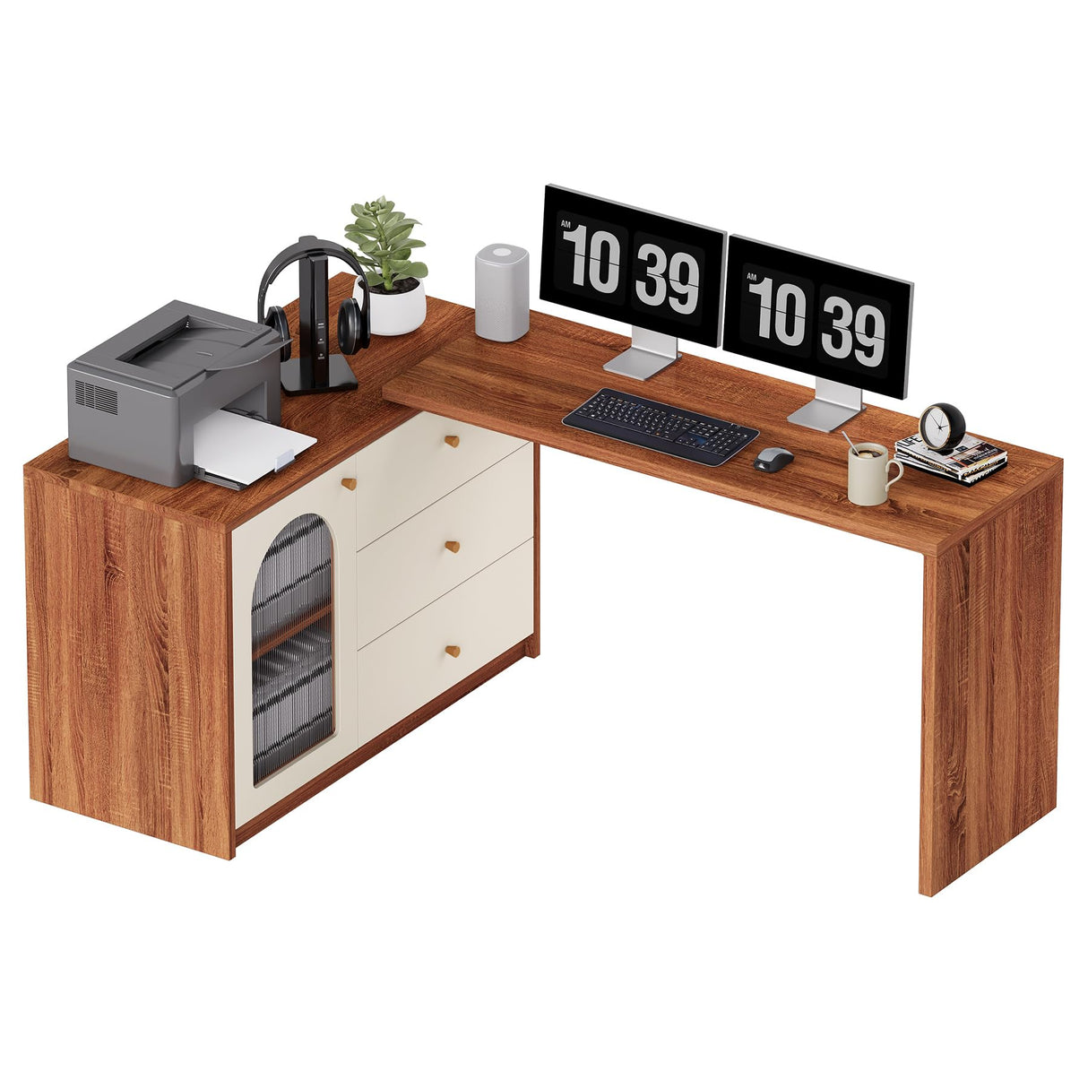 LITTLE TREE L-Shape Computer Desk, Corner Desk Writing Desk Study Desk with File Cabinet, Extendable PC Study Desk Corner Table, Home Office Corner Desk, Easy to Assemble, Brown LITTLE TREE