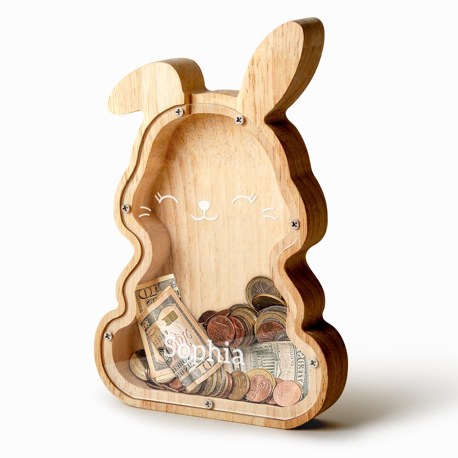 Customizedbee Bunny Piggy Bank for Kids, Personalized Wooden Money Box, Easter Gifts for Kids, Birthday Presents Piggy Bank Toy, Bedroom Decor Money Holder Encourages Early Saving - WoodArtSupply