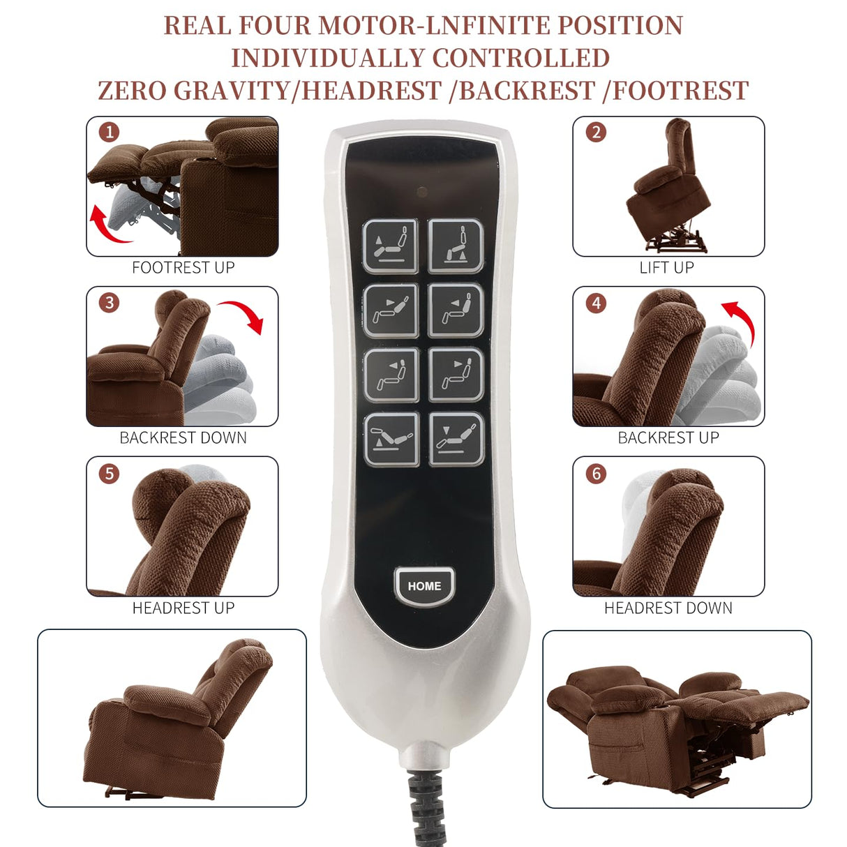 Neioml Four Motor Zero-Gravity Large-Wide Power Lift Chairs Recliners for Elderly, Infinite Position, 180° Lay Flat Lift Chair Big and Tall, Heat & Massage (Plush Flannel, Dark Brown) Neioml