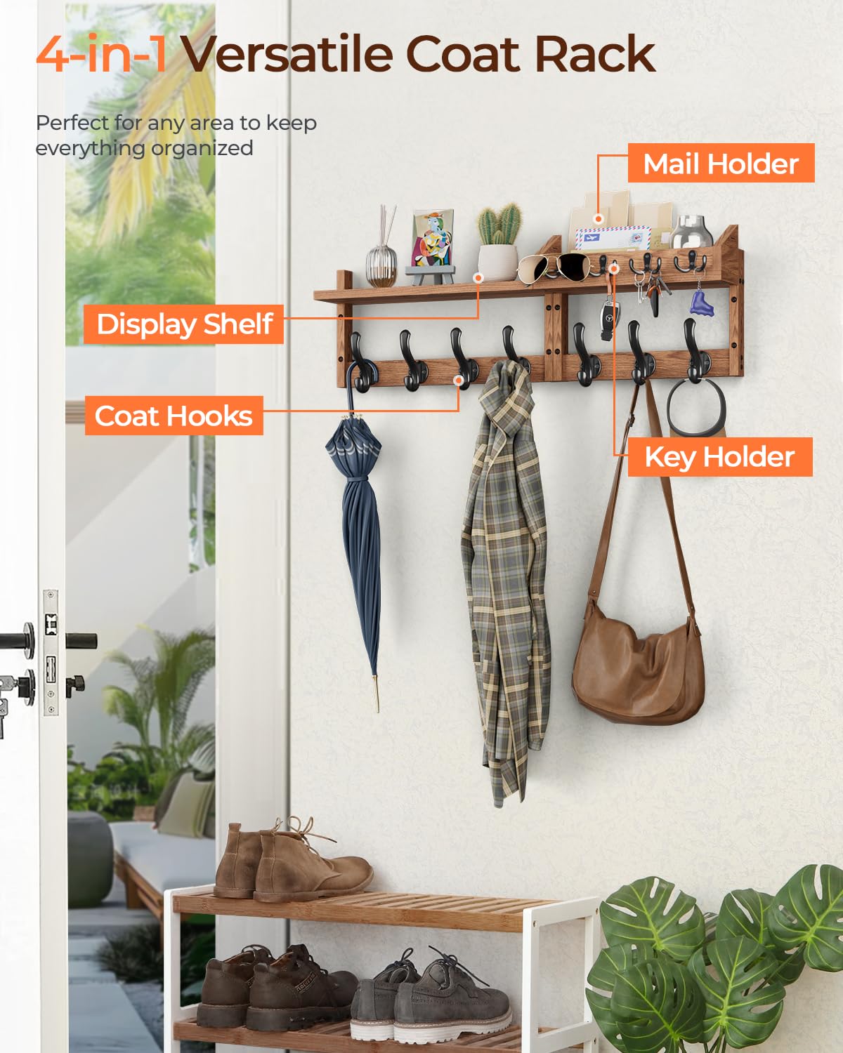 Tatub 29" Coat Rack Wall Mount with Shelf, 4 in 1 Entryway Key Holder with 7 Coat Hooks 4 Key Hangers Mail Organizer, Wood Wall Shelf for Living Room, Bedroom, Bathroom Tatub