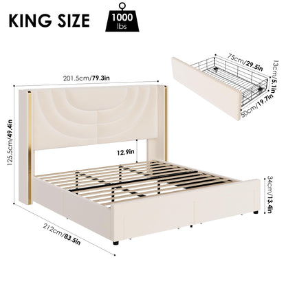 HITHOS King Velvet LED Bed Frame with Wingback Headboard & 2 Storage Drawers in Beige - WoodArtSupply