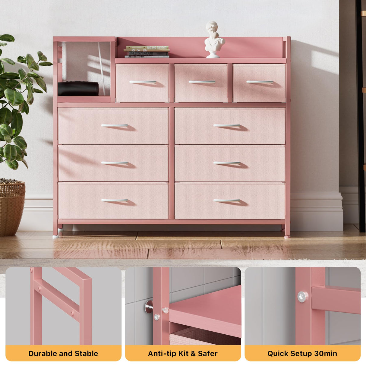 GAOMON Dresser TV Stand with Power Outlet, Bedroom Dresser with 9 Drawers, Chest of Drawers for Living Room, Hallway(Pink) GAOMON
