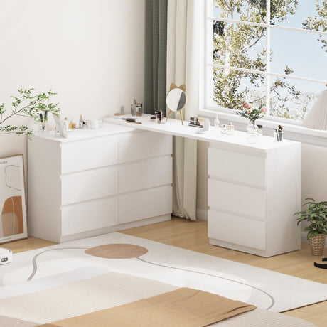TAMUNE L-Shaped Dressing Table with 9 Drawers, Extendable Vanity Desk and Dresser Combo, Wood Vanity Dresser Makeup Desk, Wide Desktop, for Bedroom Dressing Room, White (70.9”W x 47.2”D x 31.7”H) TAMUNE
