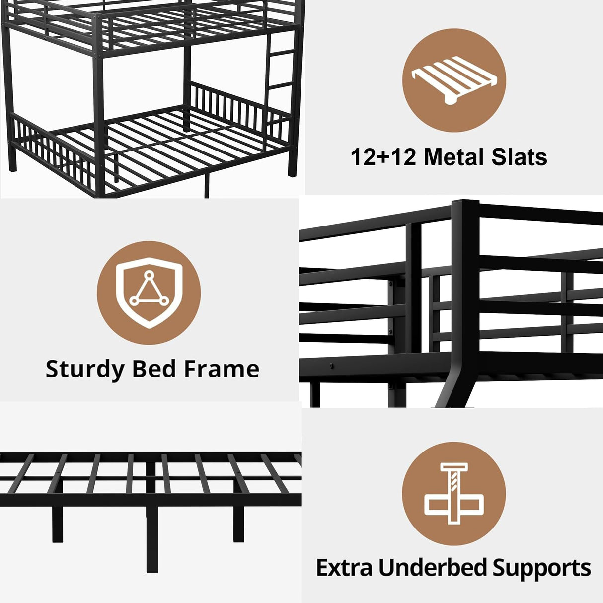 Luckiofvonne Queen Over Queen Bunk Bed for Adults, Heavy-Duty Metal Bunk Bed Frame with Ladder, High Guardrail and Slats Support, No Box Spring Needed, Black Luckiofvonne
