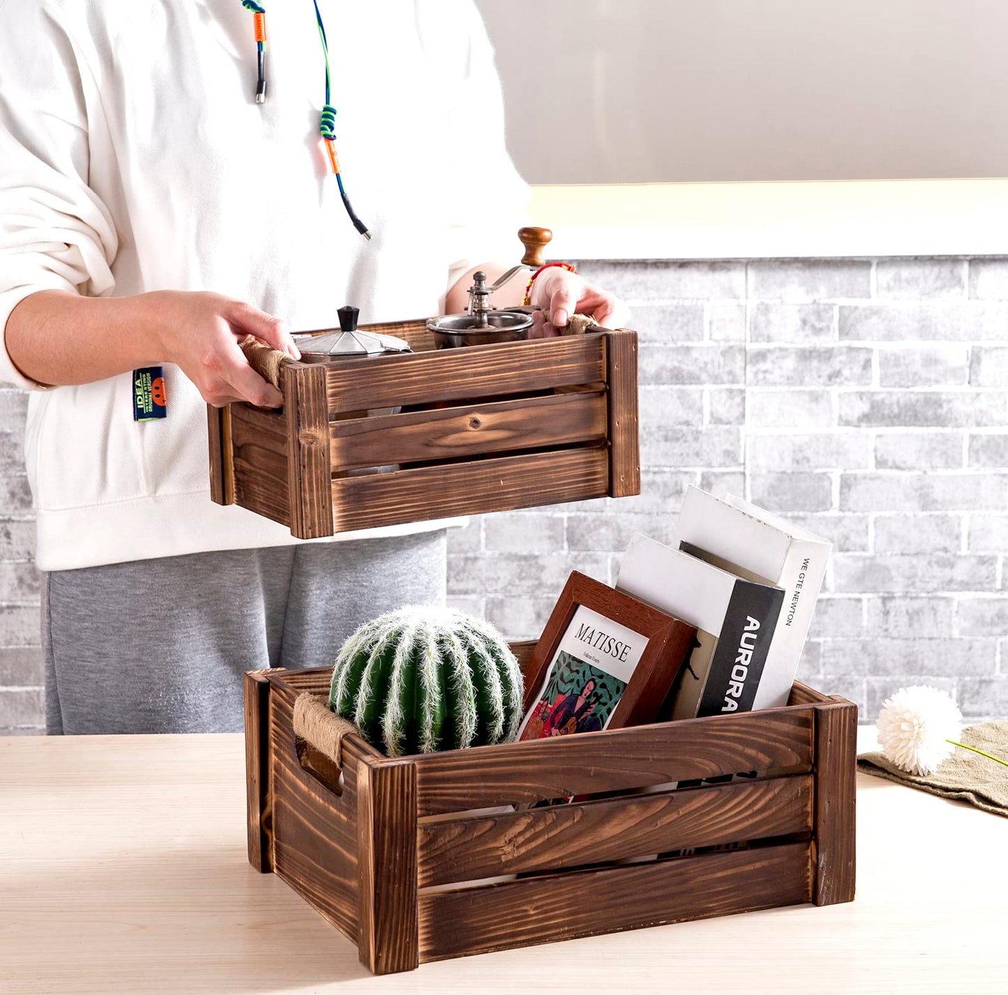 TIMRIS Set of 3 Rustic Wood Nesting Crates, Farmhouse Wooden Storage Container Boxes with Cutout Handles, Decorative Wooden Baskets for Display (Rustic Brown) - WoodArtSupply