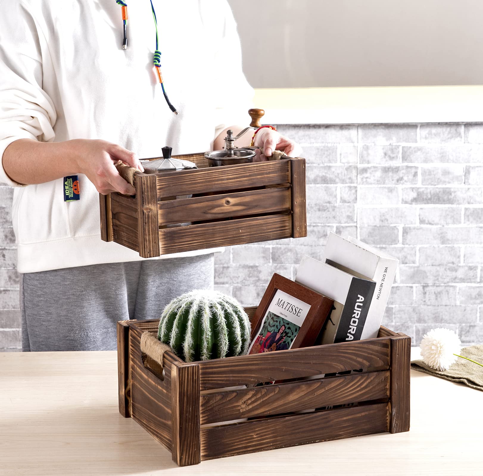 TIMRIS Set of 3 Rustic Wood Nesting Crates, Farmhouse Wooden Storage Container Boxes with Cutout Handles, Decorative Wooden Baskets for Display (Rustic Brown) - WoodArtSupply