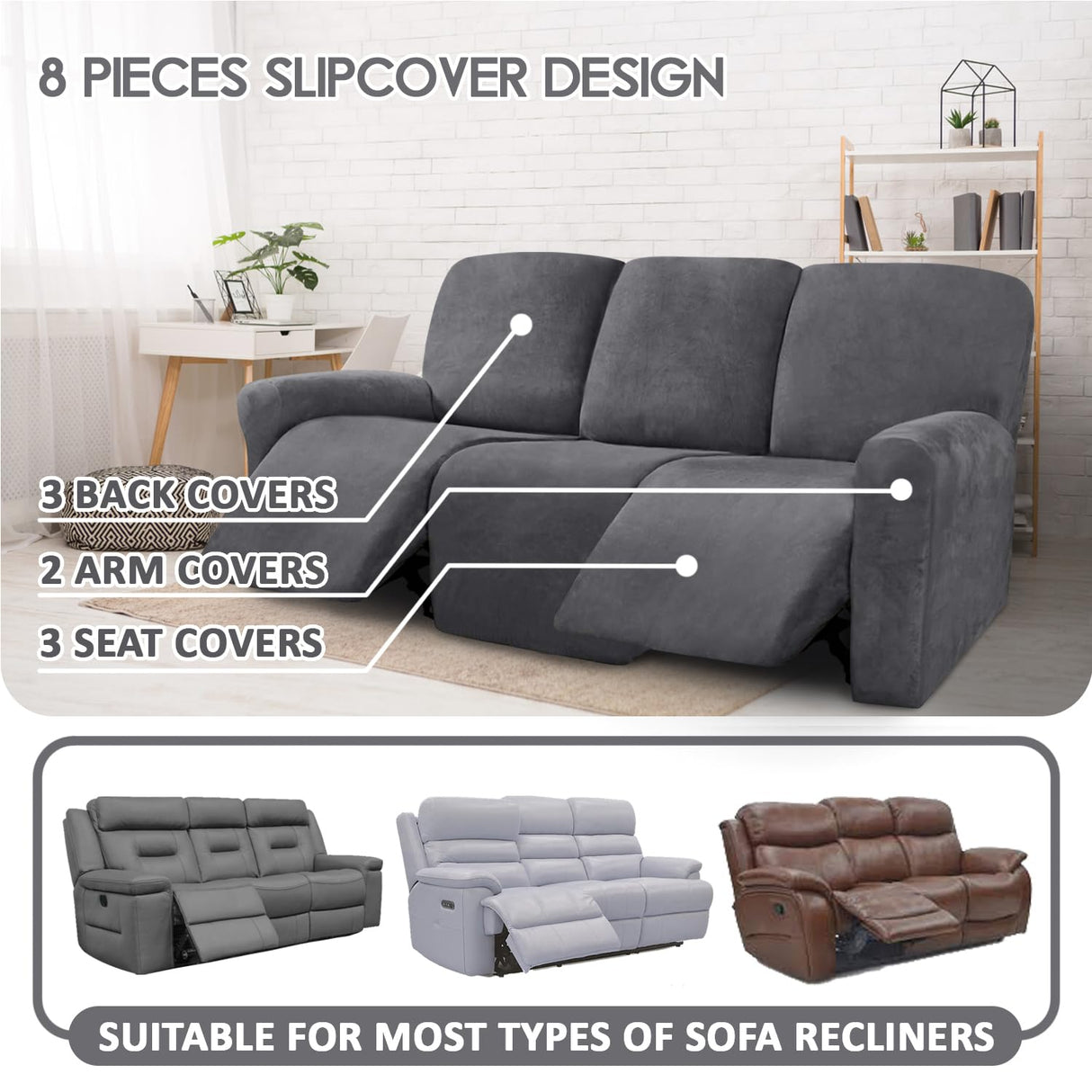 ULTICOR Velvet 8-Pieces Recliner Sofa Covers Stretch Reclining Couch Covers for 3 Cushion Reclining Sofa Slipcovers Furniture Covers Thick Soft Washable (3 Seater Recliner Cover, Dark Gray) ULTICOR