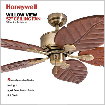 Honeywell Ceiling Fans Royal Palm, 52 Inch Tropical Indoor Ceiling Fan with No Light, Pull Chain, Three Mounting Options, Hand Carved Wooden Leaf Blades - 50502-01 (Bronze) - WoodArtSupply