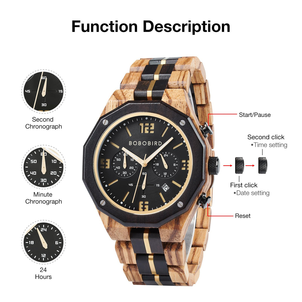 BOBO BIRD Men's Wooden Watch Sport Fashion Wristwatch Casual Chronograph Quartz Watches Men's Wood Stainless Steel Strap Watch with Date Display (Black) BOBO BIRD