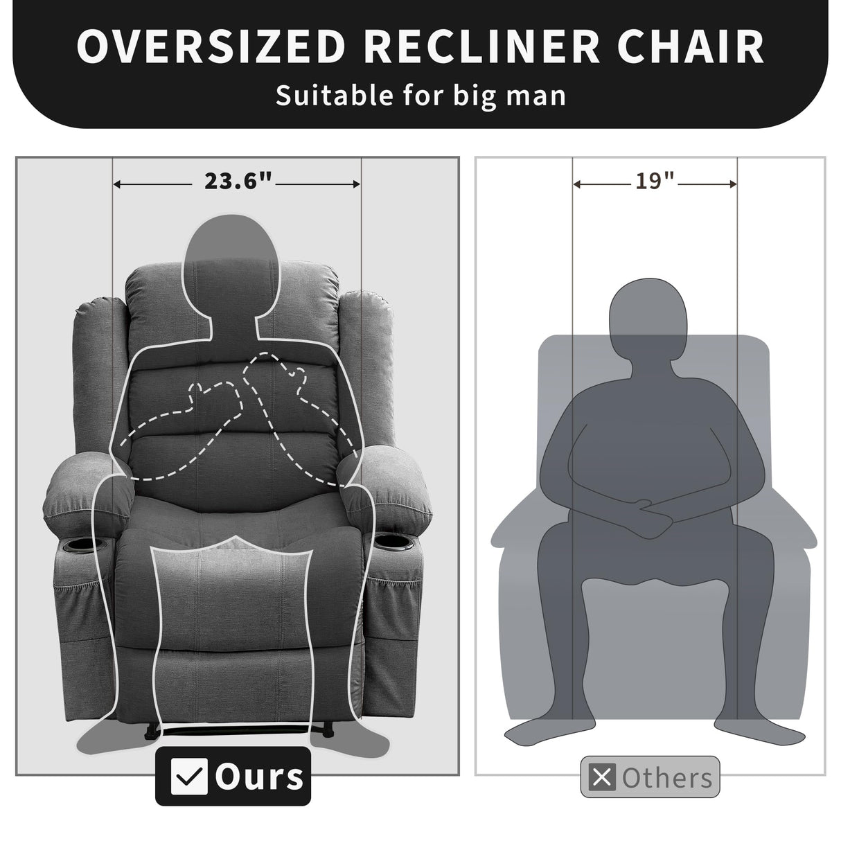 Oversized Recliner Chair for Adults Widen Overstuffed Breathable Fabric Lounge Chair with 3 Modes, 2 Cup Holders & Side Pockets Plush Chenille Reclining Sofa for Living Room PtioHavn
