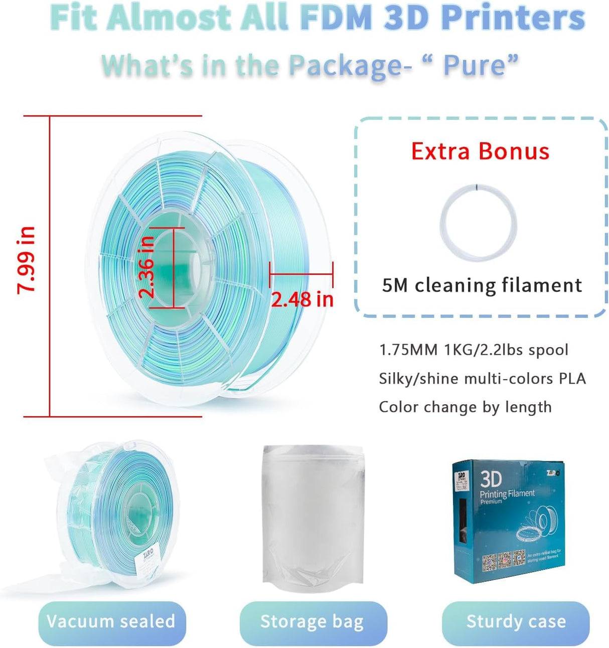 ZIRO Silk Fast Color Changing PLA Filament, Shine Multi Colors Filament 1.75mm, Color Change by Length 3D Printer Filament, Dimensional Accuracy +/-0.03mm, Fit Most 3D Printers, Personality Pure, 1KG ZIRO