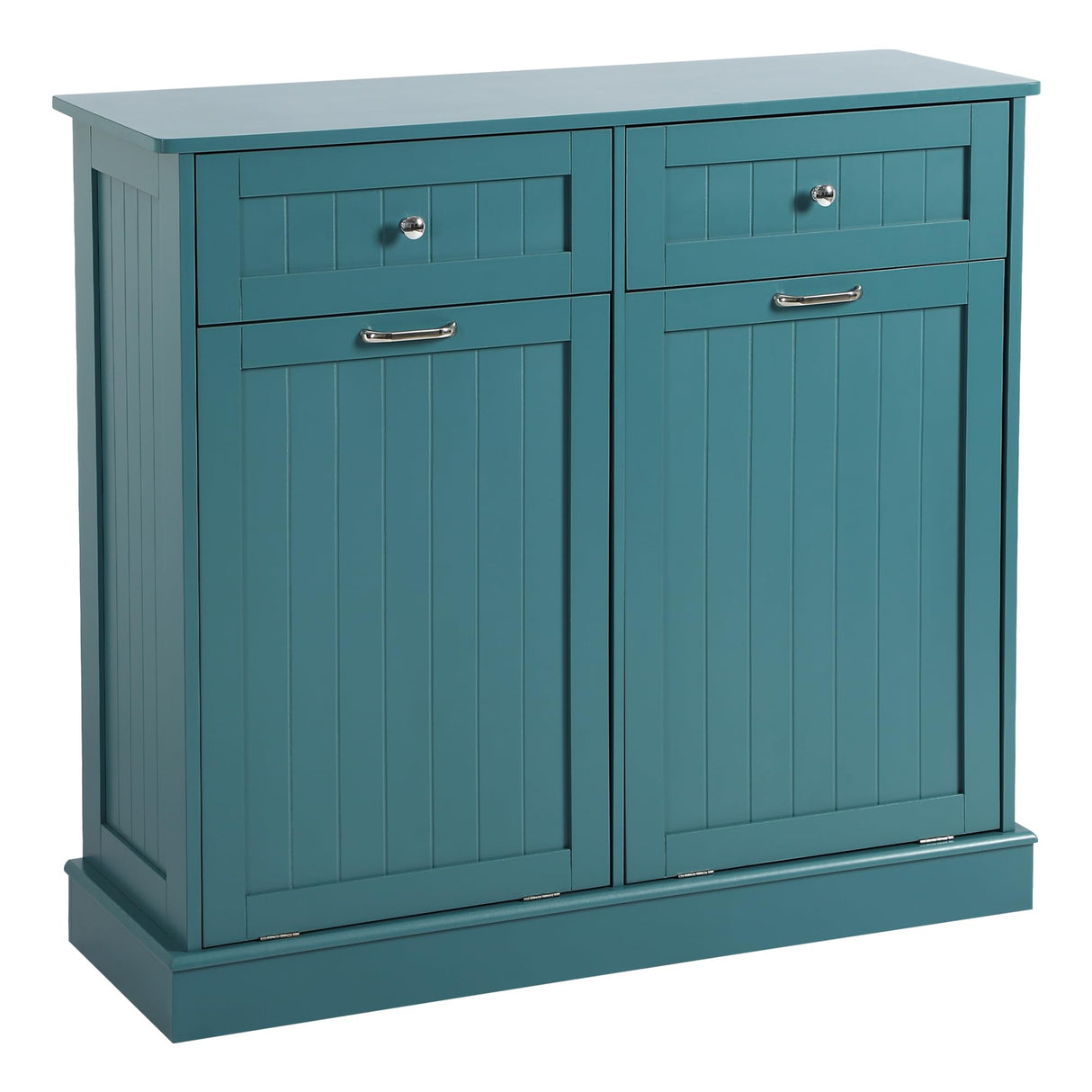 KIGOTY Double Tilt Out Trash Cabinet, Pet Proof Trash Can Cabinet with Countertop and Drawer, Trash Cabinet with Storage,Wooden Laundry Hamper for Kitchen, Teal Blue KIGOTY