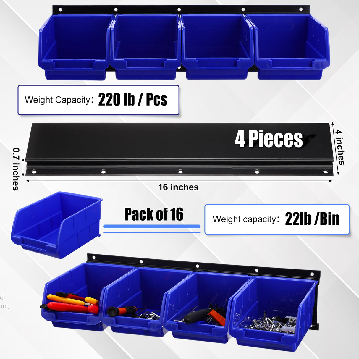 Maitys Wall Mounted Storage Bins Plastic Hanging Stackable Storage Parts Garage Tool Organizer for Screws, Nuts, Bolts, Nails, and Small Hardware Parts, 16x Bins & 4 x Rails(Blue) Maitys