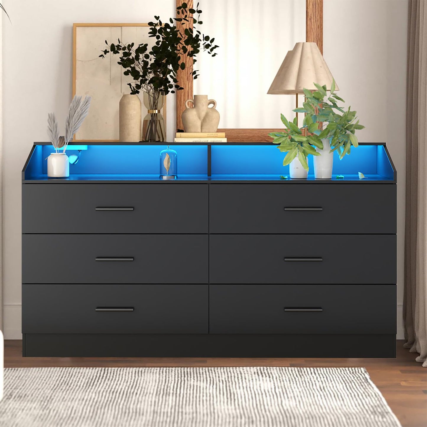 6 Drawers Dresser, Dresser for Bedroom with Power Outlet, Modern Chest of Drawers with LED Light, Storage Dresser with Open Storage Cubby, Dresser Organizer for Closet, Entryway, Living Room, Black