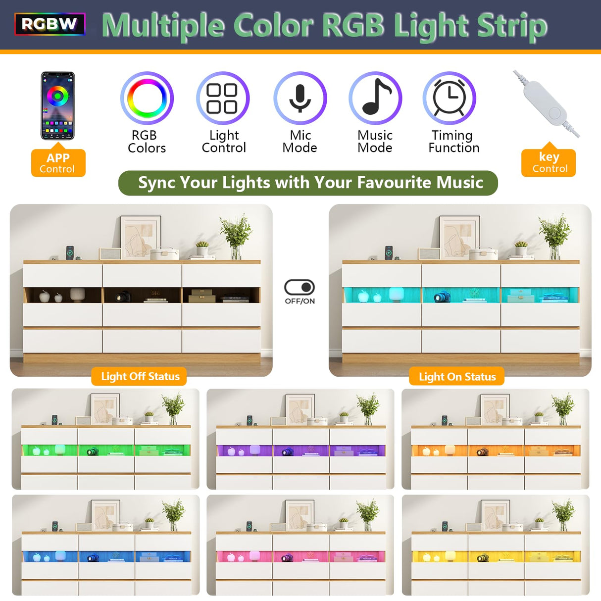 Loomie 9 Drawer Triple Dresser with Charging Station & Led Lights for Bedroom,Long 63" Dresser TV Stand for TVs up to 75",Wide Large Drawer Dressers Organizer with 3 Cubbies for Hallway, Light Wood Loomie