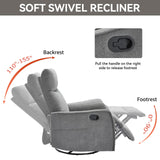 Curtainboro Swivel Rocker Recliner Chair with Heat and Massage, 360° Swivel Recliner Upholstered Fabric Nursery Glider with Side Pocket for Living Room, Bedroom, Home Theater Grey Curtainboro