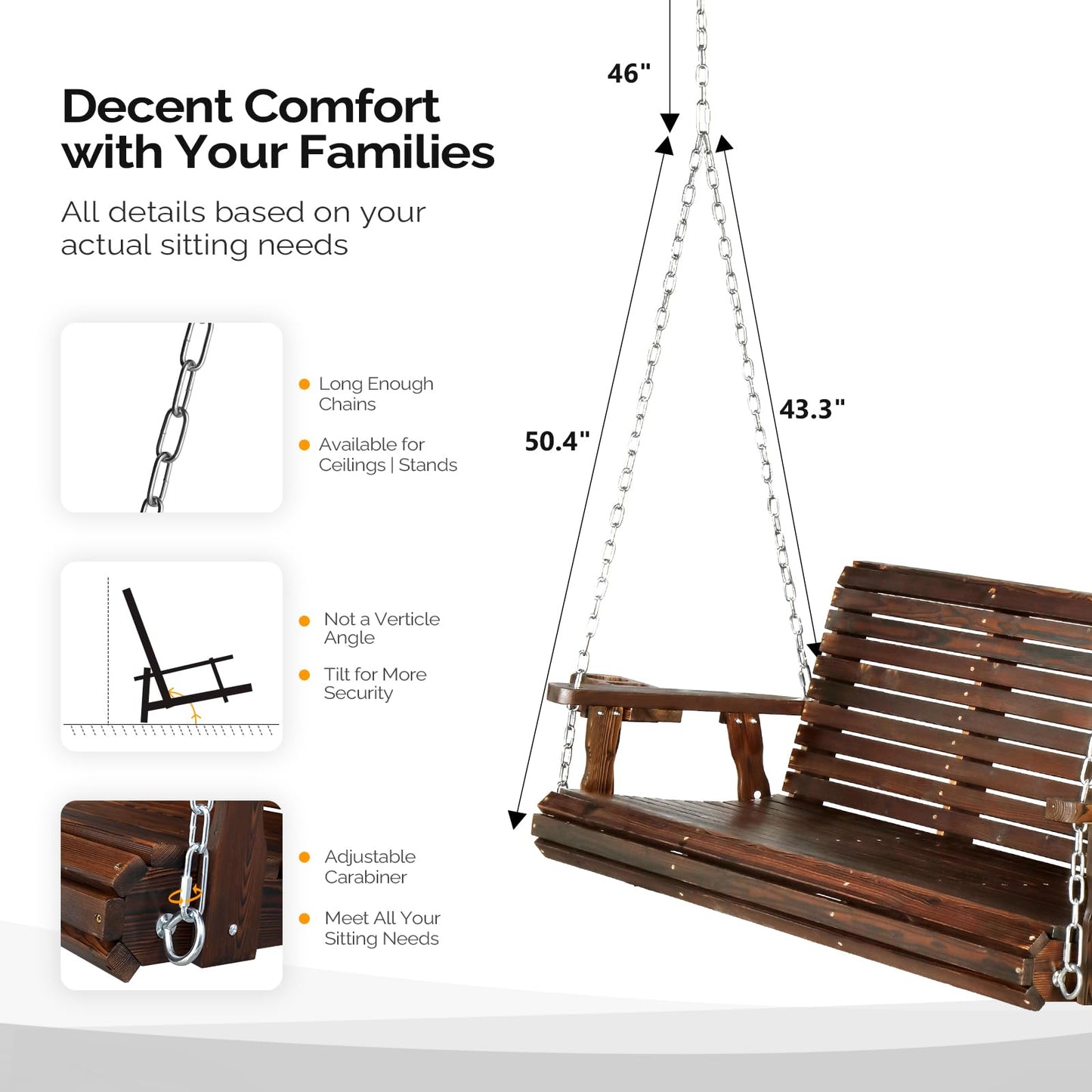 VINGLI XL Size Patio Wooden Porch Swing Outdoor with Cup Holders & Phone Slots, Heavy Duty 880 LBS Hanging Swing Chair Bench with Hanging Chains for Yard, Lawn, Garden (5 FT Pro, Rustic) - WoodArtSupply