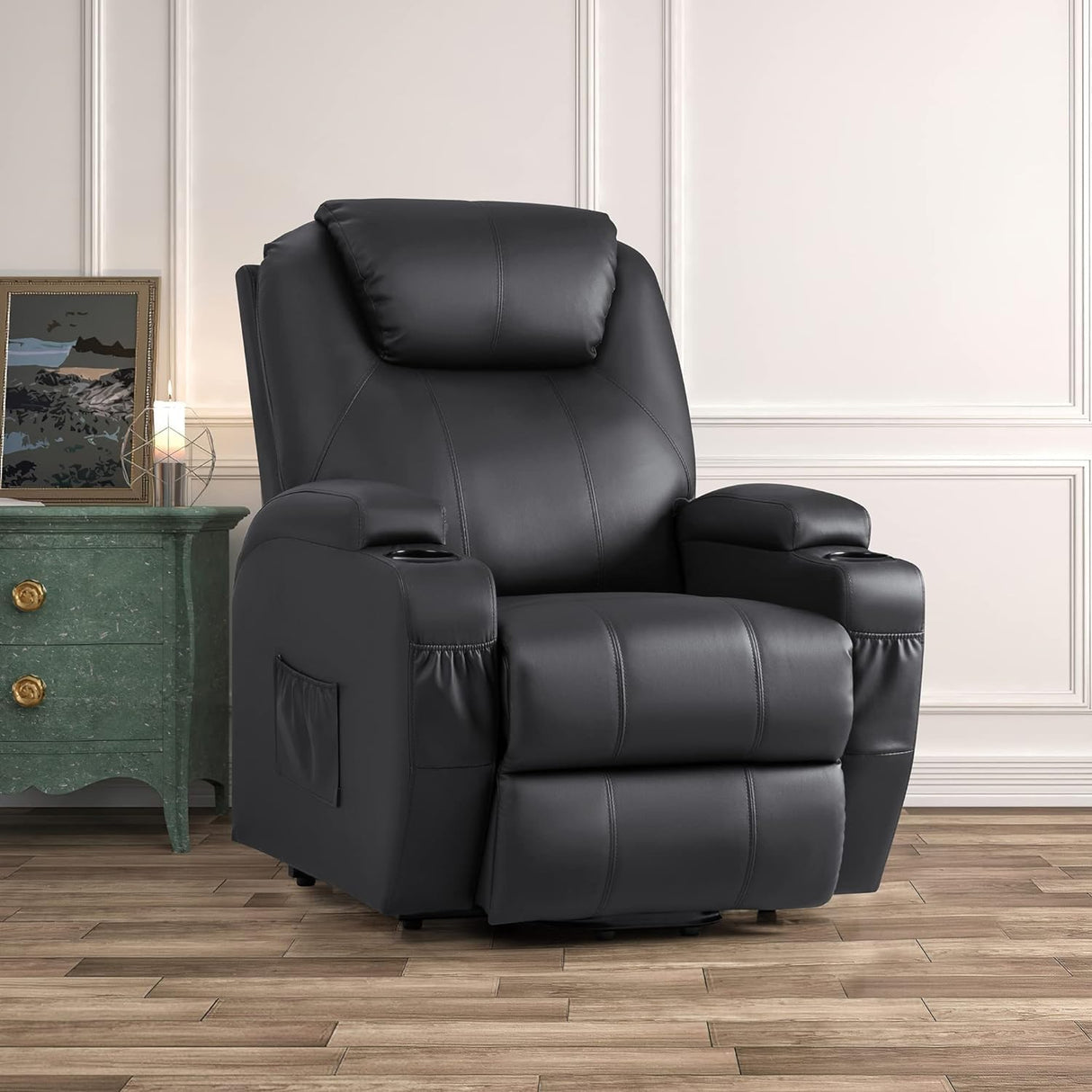 JUMMICO Power Lift Recliner Chair with Massage for Elderly PU Leather Modern Reclining Sofa Chair with Cup Holders, Remote Control, Adjustable Furniture (Black) JUMMICO