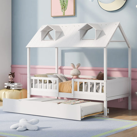 DHPM Twin Size Wooden Playhouse Bed with Trundle and Safety Fence in White DHPM