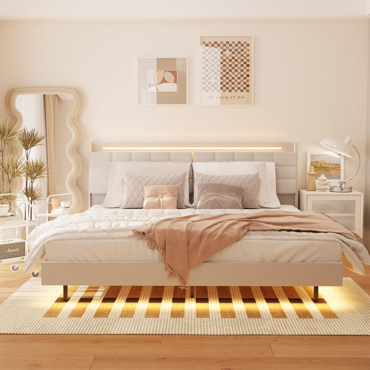 Dreamy Floating King Bed Frame with LED Lights & USB Charging, Beige Upholstered Design Klwenas Maec