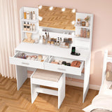FIONESO Vanity Desk, Makeup Vanity Desk with Mirror & Lights, Vanity Desk with 2 Drawers & 6 Storage Shelves, Dressing Table with Power Outlet, for Women Girls, Bedroom, White FIONESO