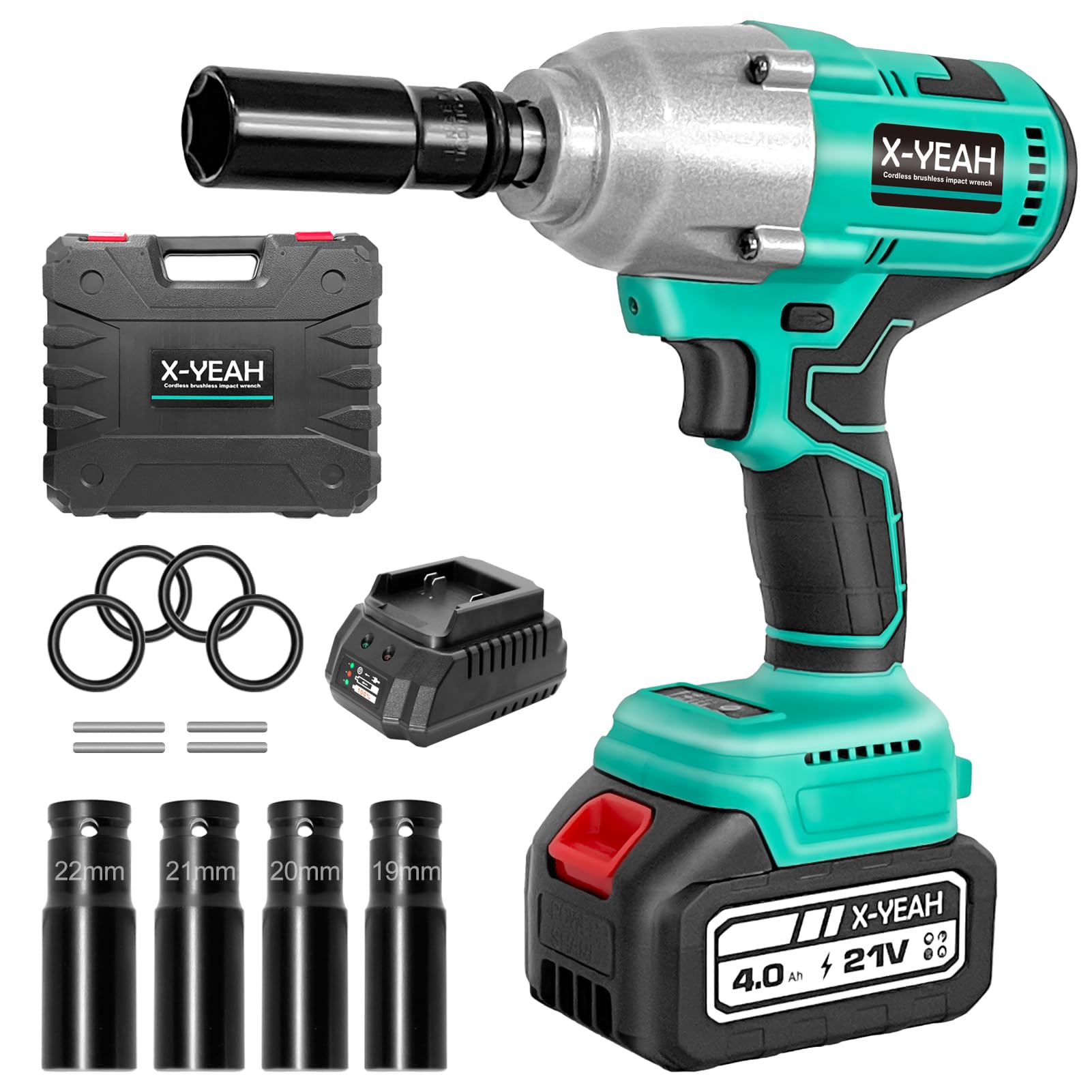 X-YEAH Cordless Impact Wrench - 1/2" Brushless Impact Gun, Max Torque 406 Ft-lbs(550N.m), with 21V 4.0Ah Li-ion Battery & Charger Kit in Case - Powerful and Portable - WoodArtSupply