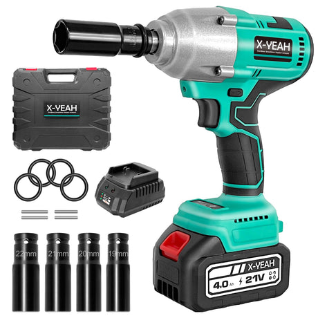 X-YEAH Cordless Impact Wrench - 1/2" Brushless Impact Gun, Max Torque 406 Ft-lbs(550N.m), with 21V 4.0Ah Li-ion Battery & Charger Kit in Case - Powerful and Portable X-YEAH