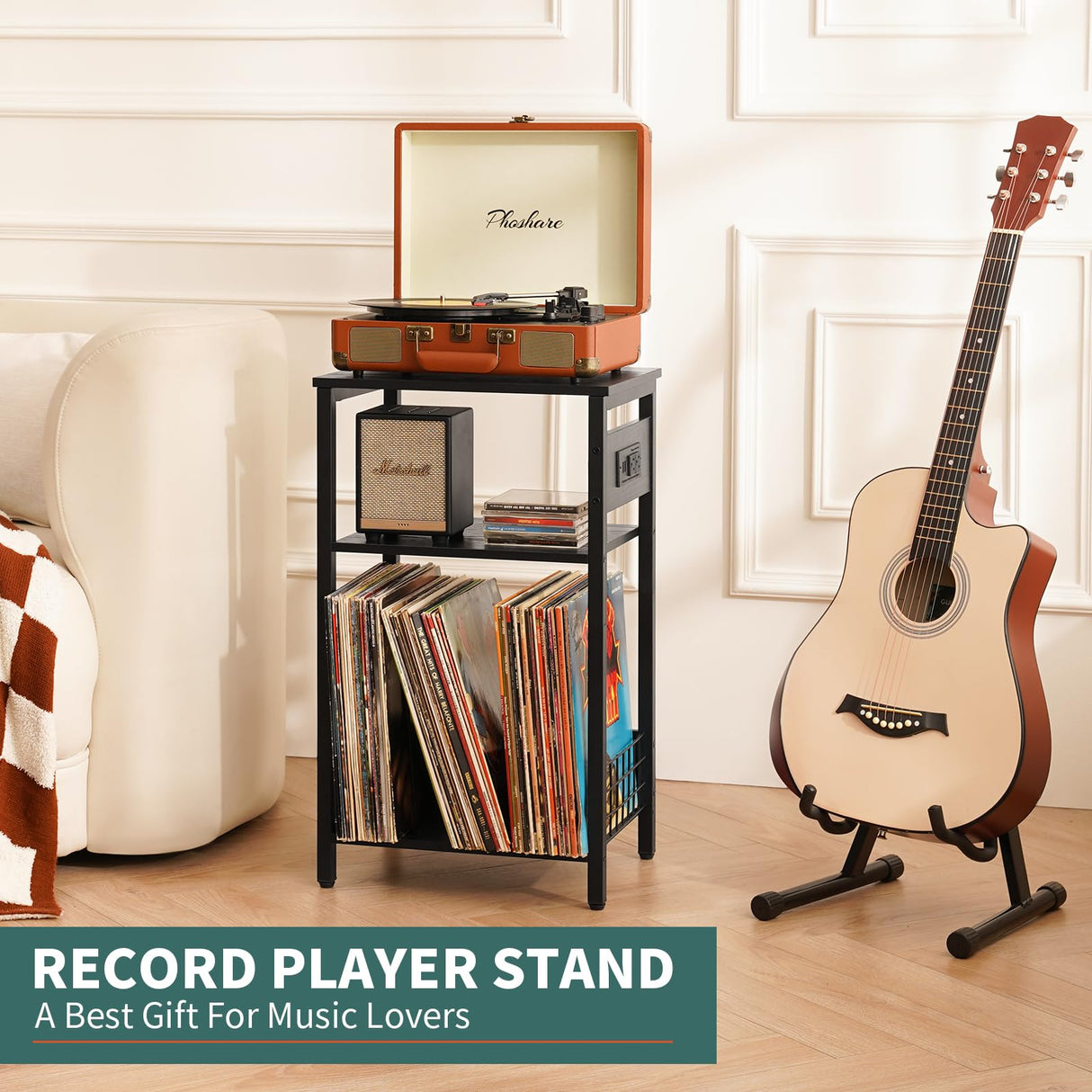 Yoobure Record Player Stand, 3-Tier End Table with Charging Station, Small Side Table for Living Room Bedroom, Nightstand for Vinyl Storage, Tall Beside Tables Turntable Stand for Album CD Yoobure