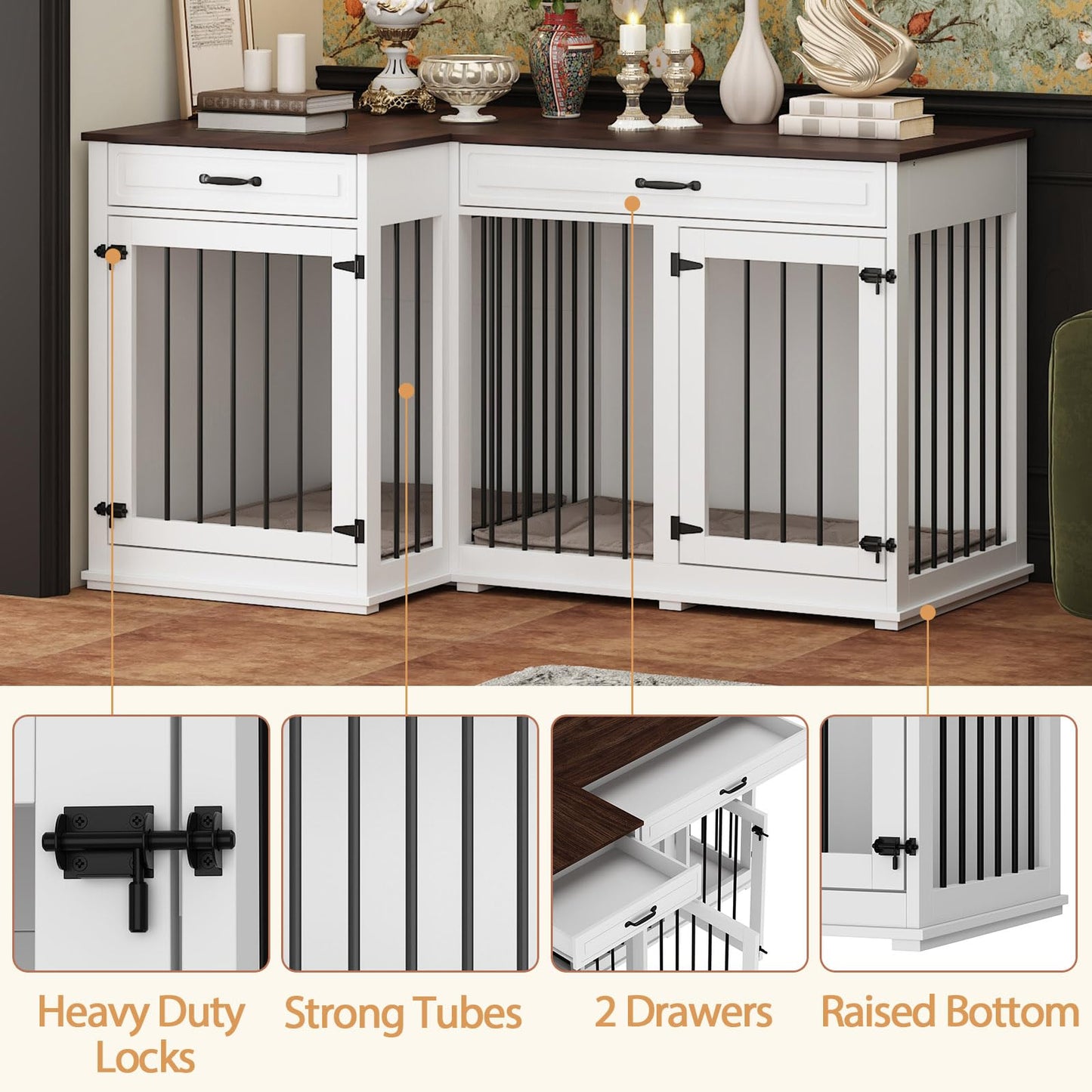 DAWNSPACES Large Corner Dog Crate Furniture for 2 Dogs, 59" Indoor Wooden Furniture Style Dog Kennel House with Double Rooms, Drawers & Removable Divider for Large & Medium Dogs, White