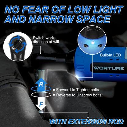 Worture Cordless Electric Ratchet Wrench, 40N.m 12V Power Ratchet Tool Kit with 2 * 2000mAh Lithium-ion Batteries, 1 * Fast Charger, 7 * Sockets, 1 * 1/4 Inch Adaptor, 1 * Extension Bar - WoodArtSupply