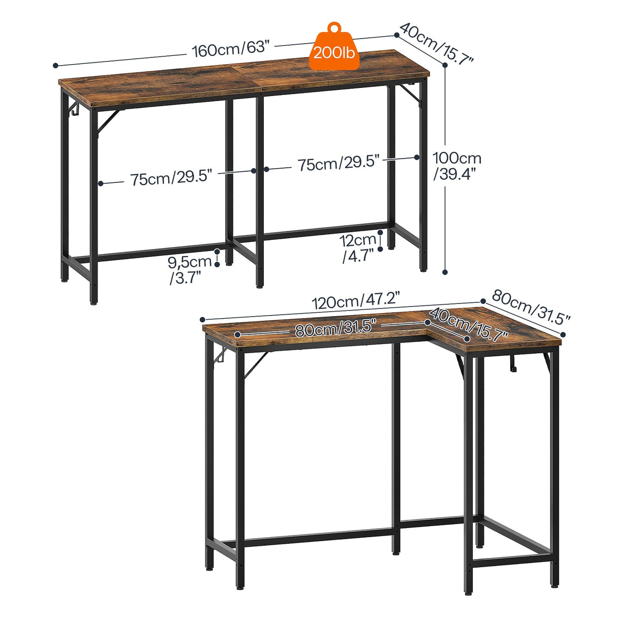 HOOBRO 63" Long Narrow Bar Table, Rectangular or L-Shaped Assembly Counter Height Bar Table, Vintage Industrial Style, for Living Room, Kitchen, Dining Room, Rustic Brown and Black BF69BT01 HOOBRO