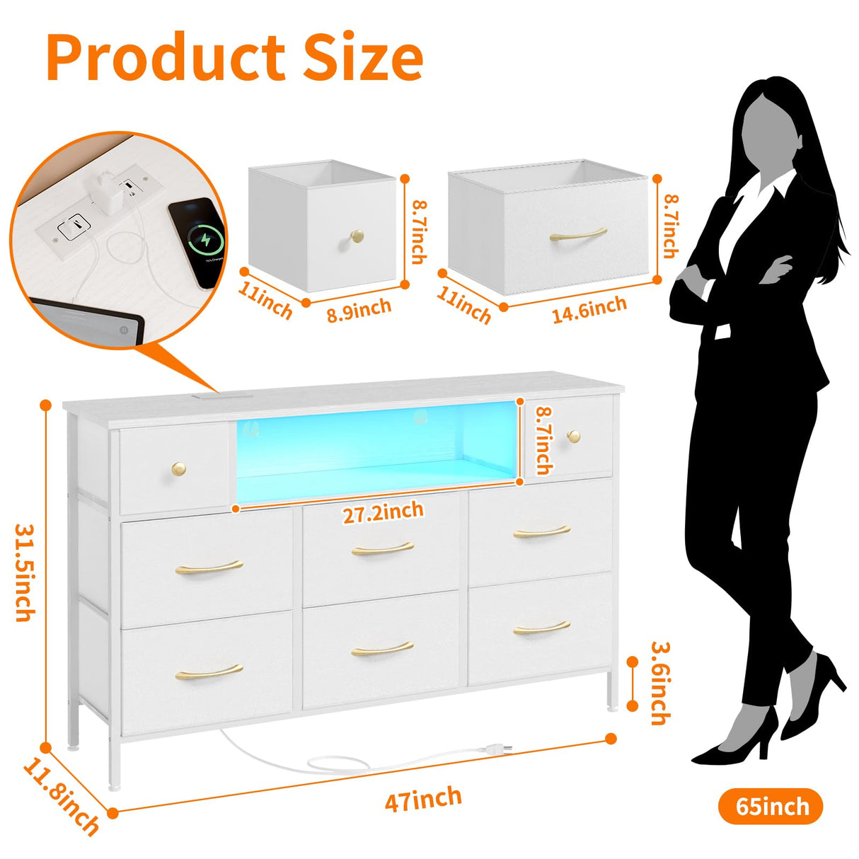 Fixwal Dresser for Bedroom with Power Outlets and LED Lights, White 55" TV Stand with 8 Drawers, Fabric Chest of Drawers with PU Finish for Living Room, Entryway Fixwal