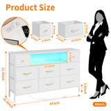 Fixwal Dresser for Bedroom with Power Outlets and LED Lights, White 55" TV Stand with 8 Drawers, Fabric Chest of Drawers with PU Finish for Living Room, Entryway Fixwal