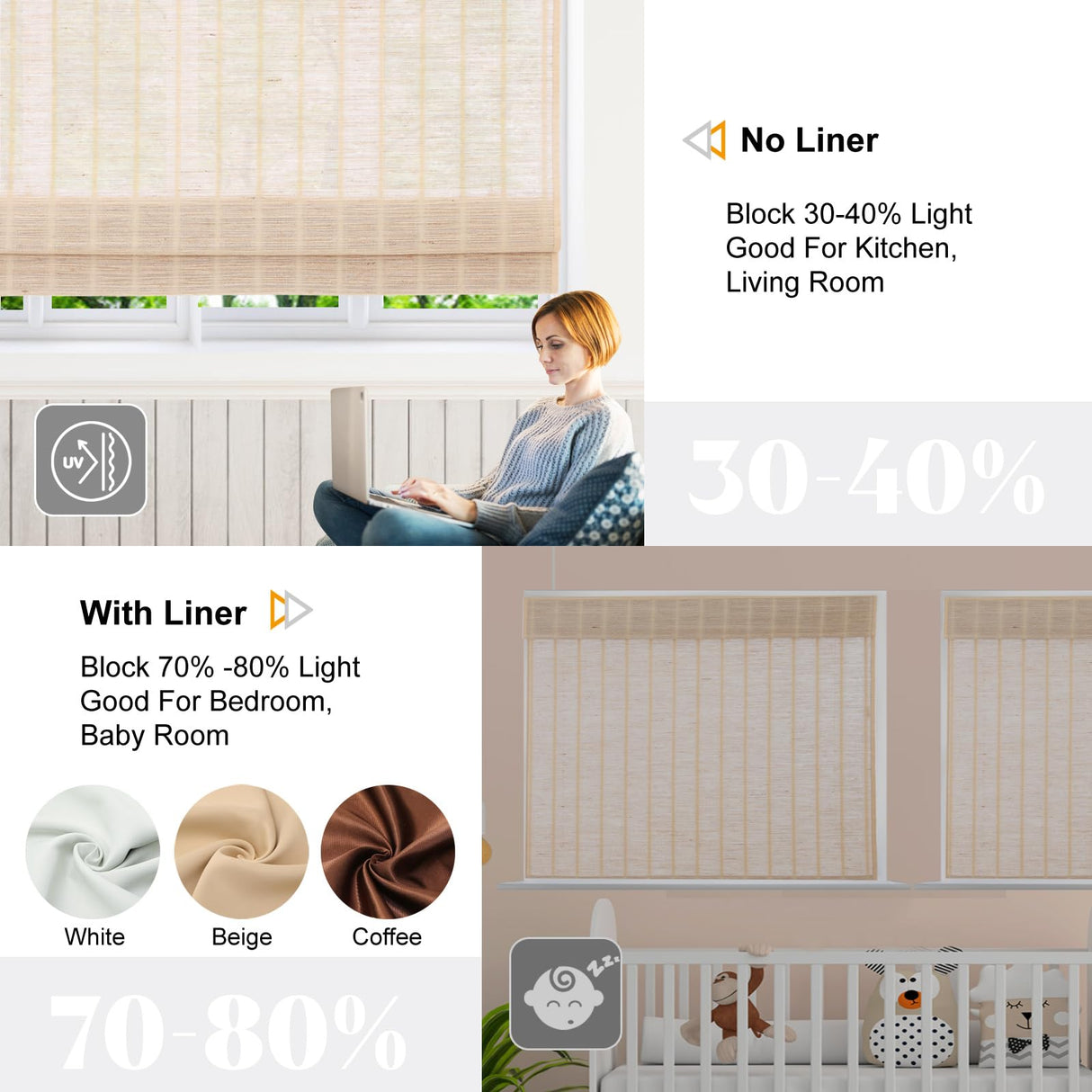 Artdix Bamboo Roman Shades, Natural Reef Cordless Custom Blackout Woven Wood Shades, Edge Binding Bamboo Window Shades for Indoor Windows Artdix