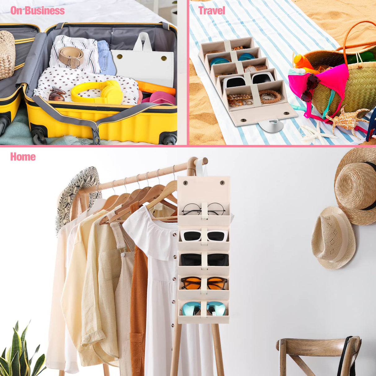 MoKo Sunglasses Organizer with 5 Slots, Foldable Travel Glasses Storage Case Holder Eyewear Display Box, White MoKo