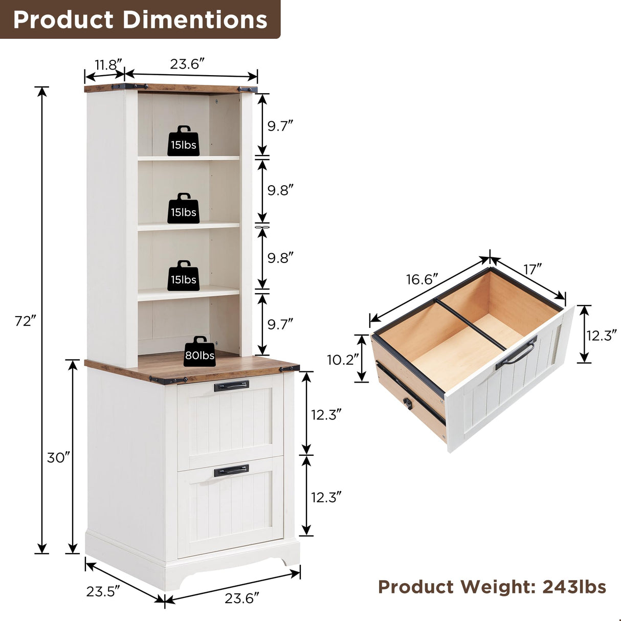 RedLemon 72" Tall Antique White Farmhouse Bookcase with 2 File Drawers and Adjustable Shelves RedLemon