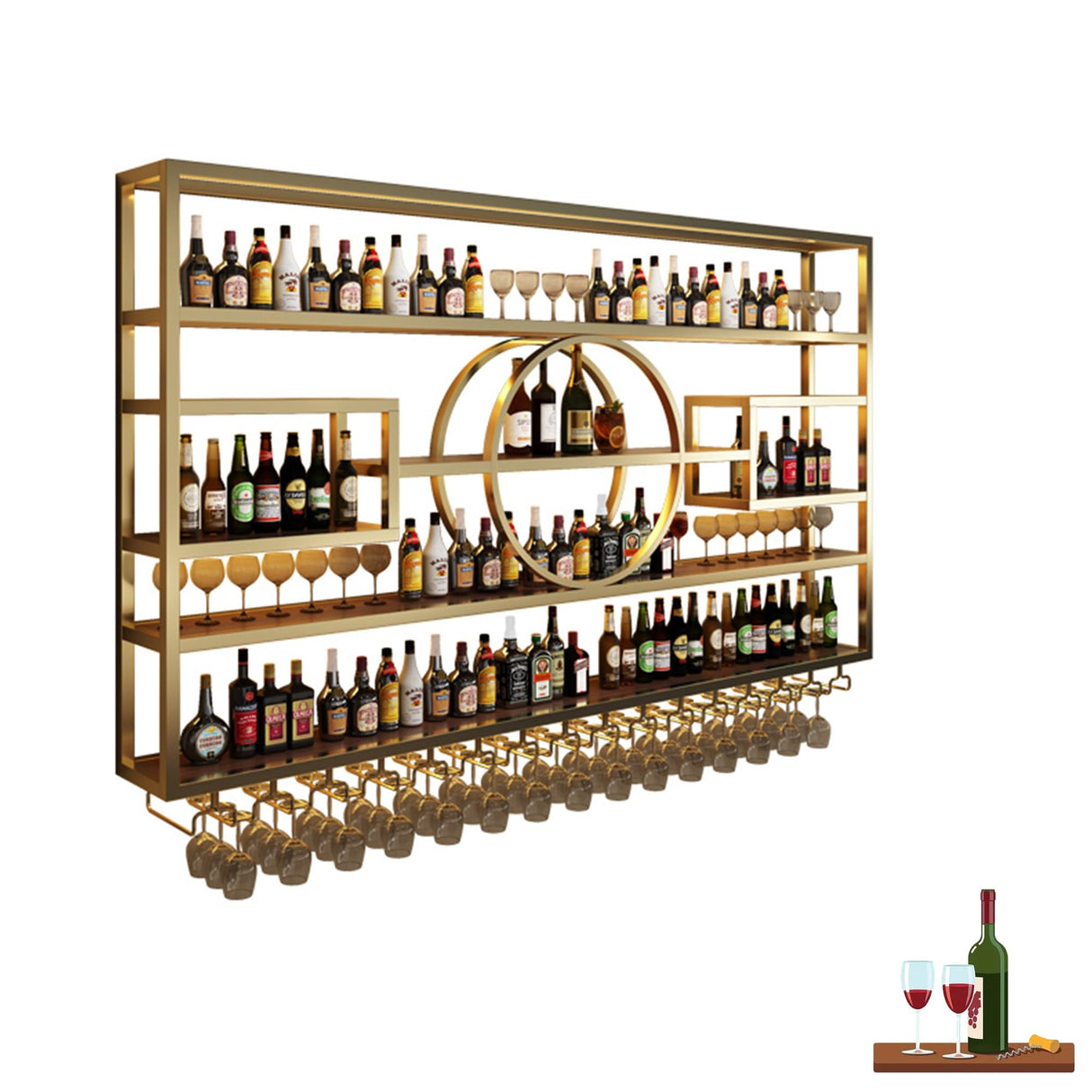 Floating Bar Shelves Wine Rack Wall Mounted Liquor Bottle Display Shelf with Hanging Wine Glass Rack Liquor Cabinet Bar for Home Whiskey Shelf for Cafe Kitchen Living Room Restaurant(Gold,16 Generic