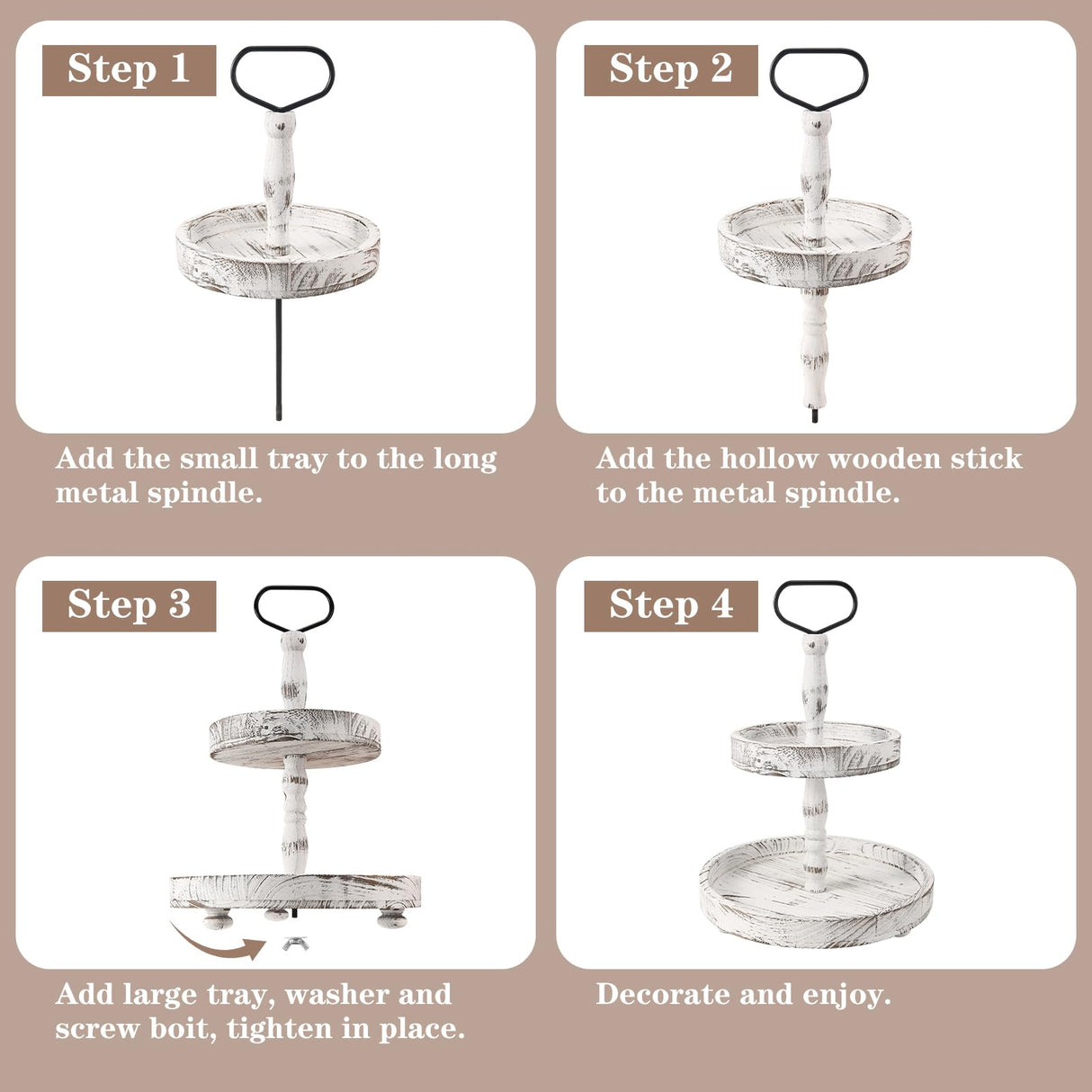 ASMPCUE 2 Tiered Tray Stand, Farmhouse Tiered Tray Stand with Metal Handle for Home Kitchen Decor, Wooden Rustic Two Tiered Serving Tray Coffee Table Tray for Holiday, Tray ONLY(Distressed White) ASMPCUE