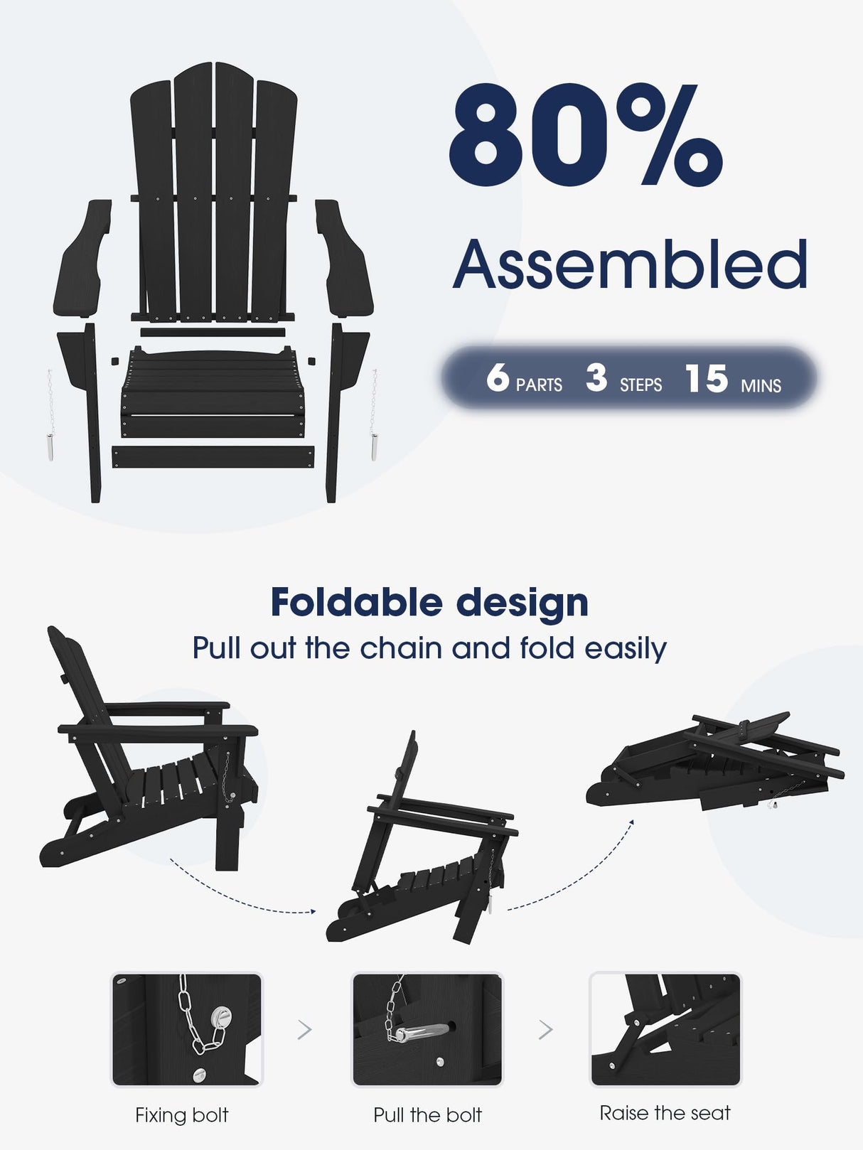 KINGYES Folding Adirondack Chair, HDPE All-Weather Folding Adirondack Chairs, Outdoor Patio Adirondack Chair for Deck Lawn fire pit, Black KINGYES