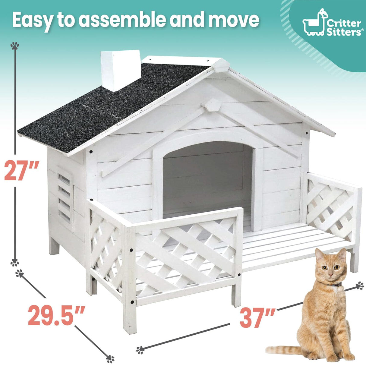 Critter Sitters 27'' Pet House with Porch, Weather-Resistant Dog House for Animals up to 44 Pounds, Waterproof Outdoor Dog House, Ideal for Cats, Dogs, and Rabbits, White Fir Wood Dog Houses CRITTER SITTERS