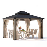 SUNBURY 10'x12' Outdoor Cedar Wood Gazebo, 2-Tier Metal Hardtop Wooden Frame Gazebo for Patio with Privacy Curtains and Mosquito Nettings for Gardens, Lawns, Backyard, Poolside (Grey Frame) SUNBURY