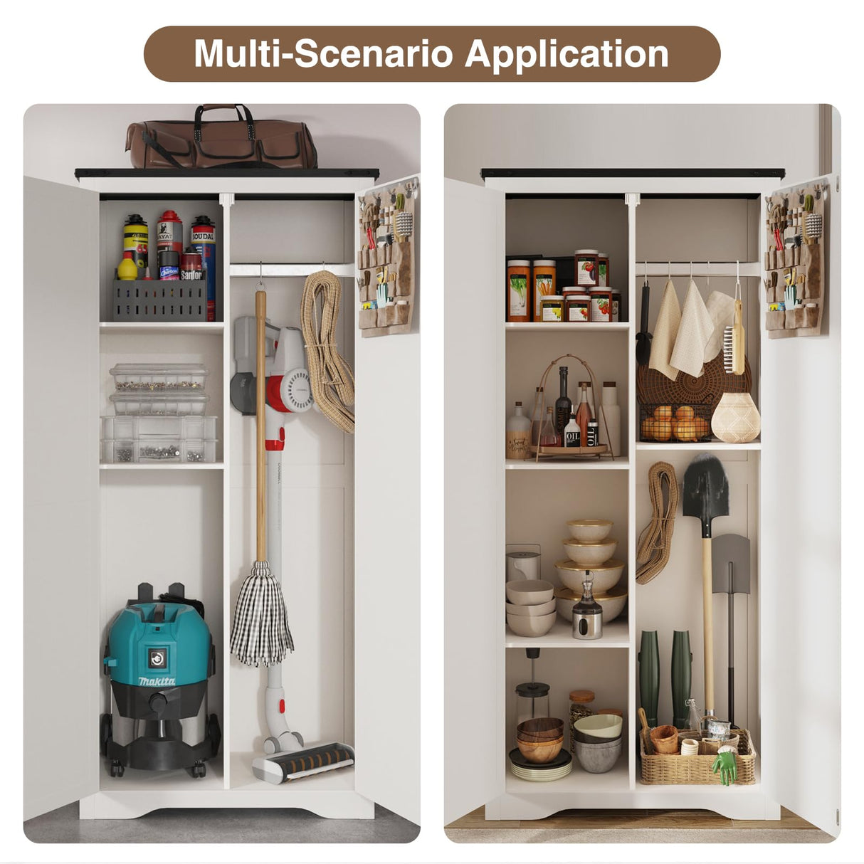 72''H Tall Kitchen Pantry with 2 Barn Doors, Farmhouse Storage Organizer with Adjustable Shelves, Tall Freestanding Cabinet for Kitchen, Dining/Living/Utility Room/Bathroom/Garage, White Vabches