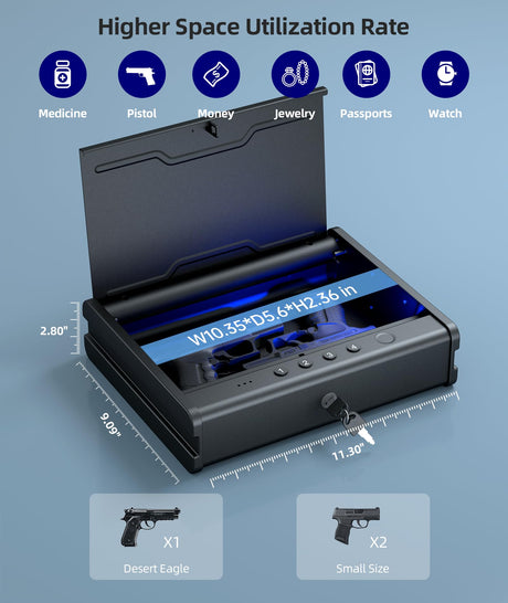 PINEWORLD Gun Safe,Biometric Gun Safe For Handgun, Pistol Safe With Fingerprint Backlit Keypad, Quick Access Handgun Safe for Firearm, Gun Lock Box With Interior Light For Nightstand Car Normal Size PINEWORLD