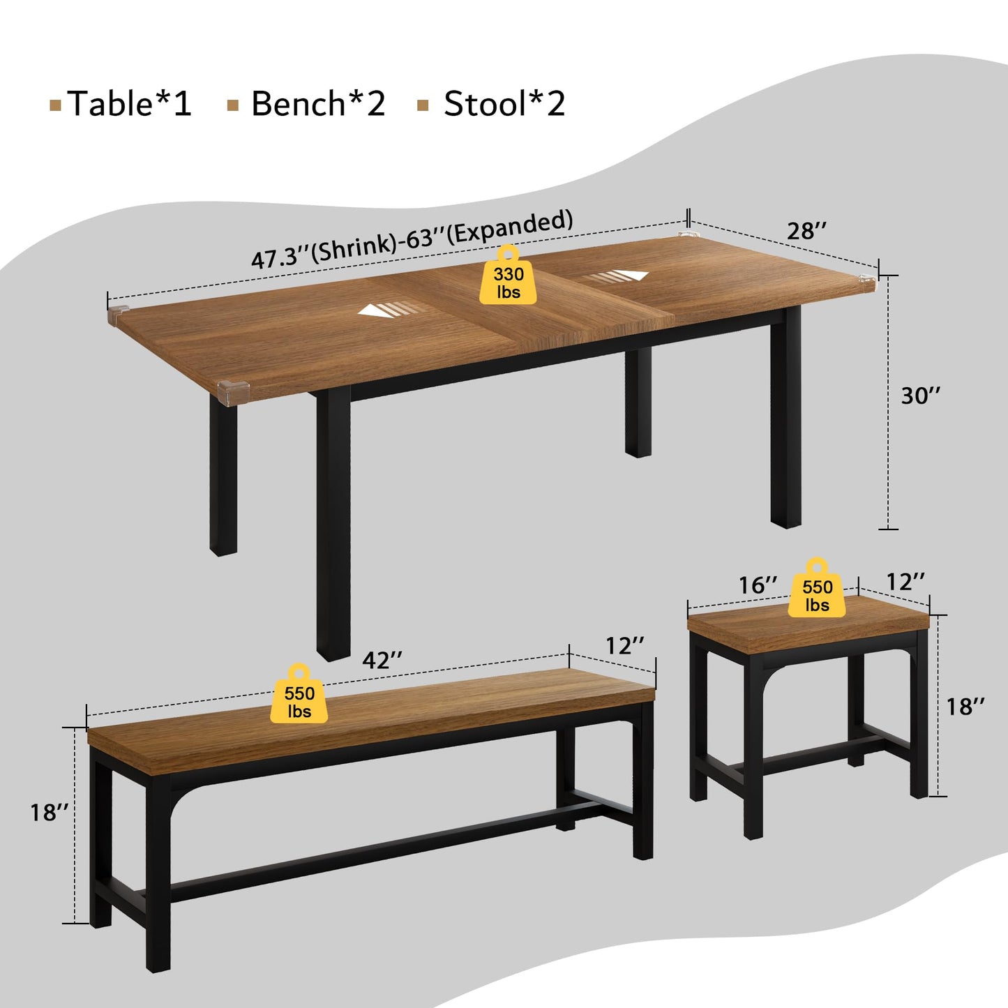 iPormis 5-Piece Dining Table Set for 4-8 People, Extendable Kitchen Table Set with 2 Benches and 2 Square Stools, Mid-Century Dining Room Table with Metal Frame & MDF Board, Saving Space, Wal - WoodArtSupply